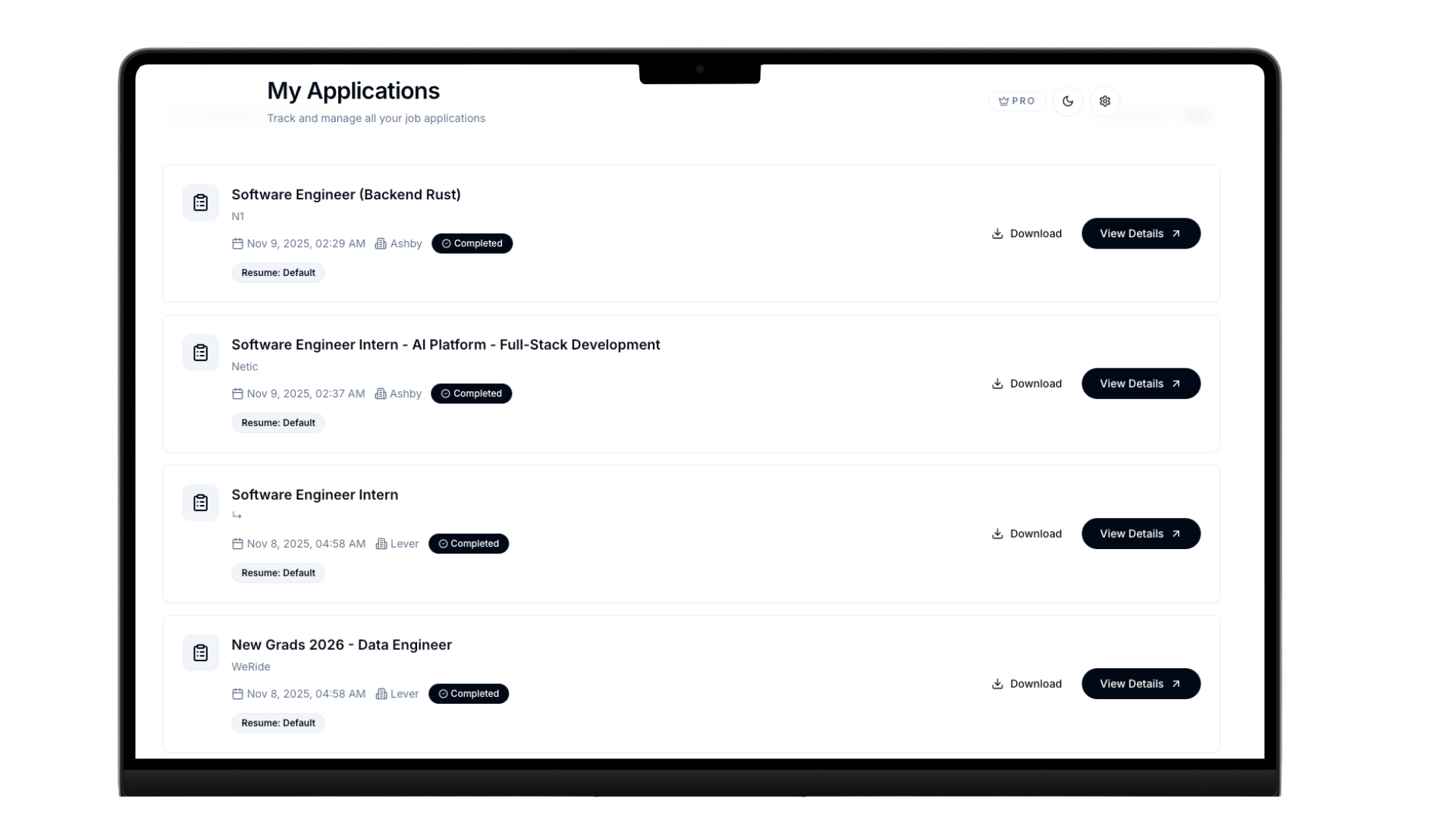 Completed applications dashboard