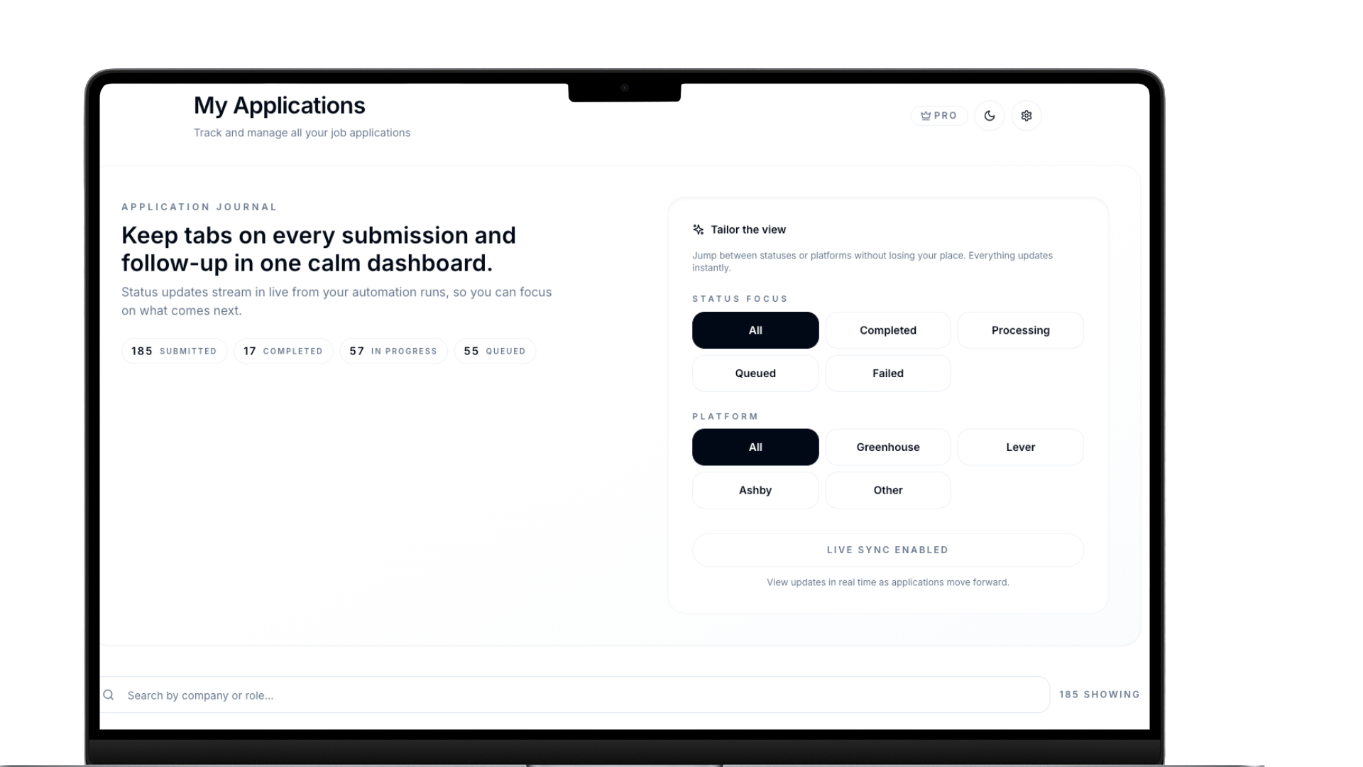 Live application tracking dashboard